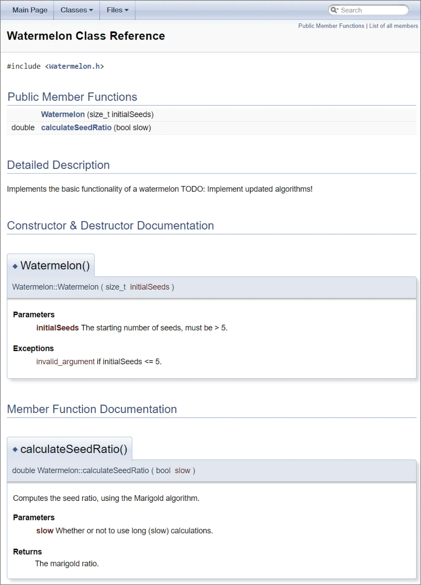 A snapshot of watermelon class reference. It includes a public member function, detailed description, constructor and destructor documentation, watermelon, and calculated seed ratio.