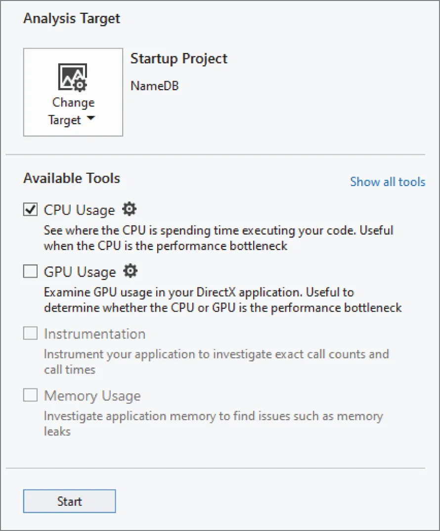 A snapshot illustrates the user interface of a software analysis tool. At the top, the analysis target section with a startup project named Name D B. Available tools include C P U usage, G P U Usage, instrumentation, and memory usage.
