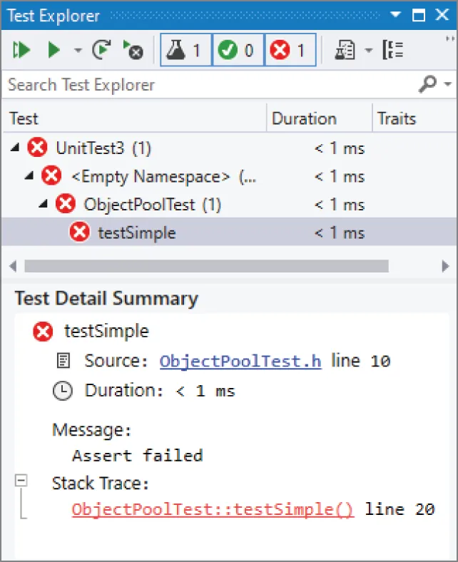 A snapshot of a test explorer in a software development environment shows three unit tests. Each test is executed in less than 1 millisecond. Test detail summary under various options that are available to the user.