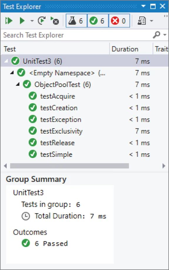 A snapshot of a test explorer in a software development environment. List of six tests under various options that are available to the user. All tests have passed, as indicated by check marks under outcomes. The total duration for running these tests is 7 milliseconds.