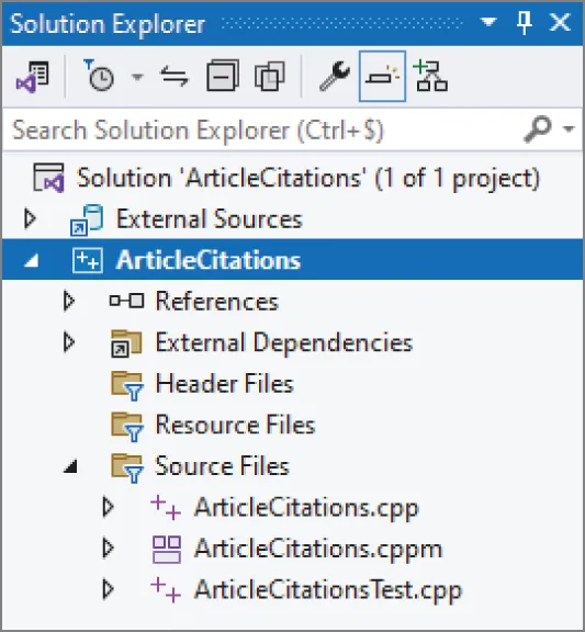 A snapshot of a solution explorer window in a software development environment of various options that are available to the user. The project named is ArticleCitations. The solution explorer window has a search option at the top.