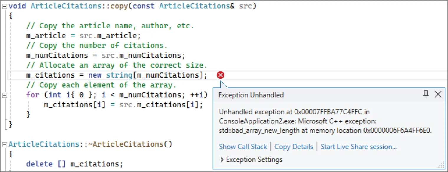 A snapshot illustrates the code editor with C++ code from the ArticleCitations class. It copies article details, allocates an array for citations, and includes exception unhandled errors of various options that are available to the user.