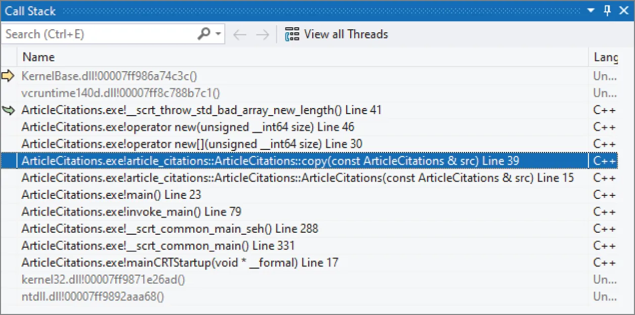 A debugging tool snapshot depicts a call stack with user options. C++ functions, including operator new and copy, are present in ArticleCitations dot exe's call to the class's copy function.
