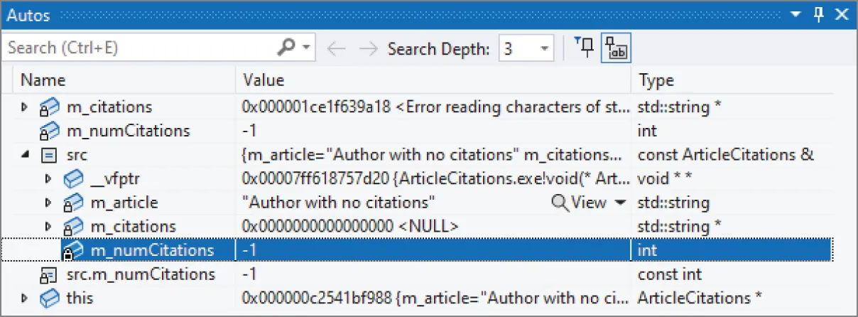 A snapshot illustrates the debugger showing variables and their values in a programming environment. The debugger window is named Autos and it has a search bar at the top that has various options available to the user.