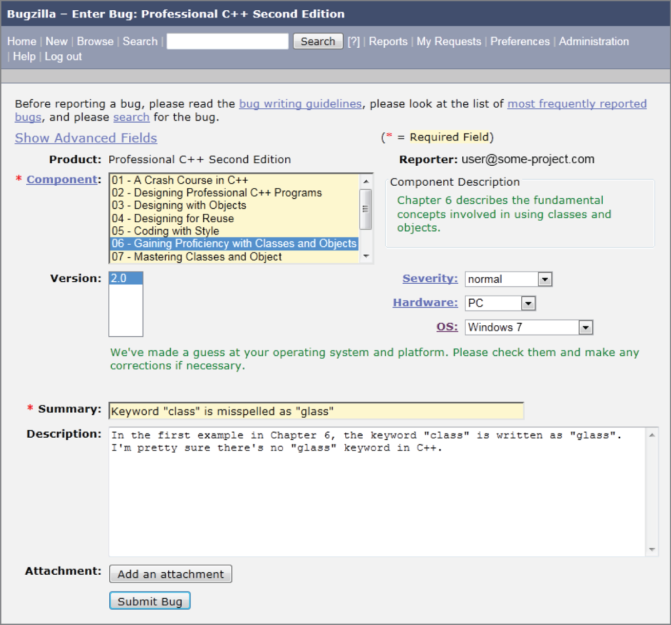 一张截图展示某个 bug report 正在被填写，目标产品是 professional C++ second edition。报告人的邮箱是某个项目域名下的用户地址。界面中包括 component、severity normal、hardware PC、OS windows 7、summary 等字段，summary 中写着某个关键字 class 被误拼成 glass。