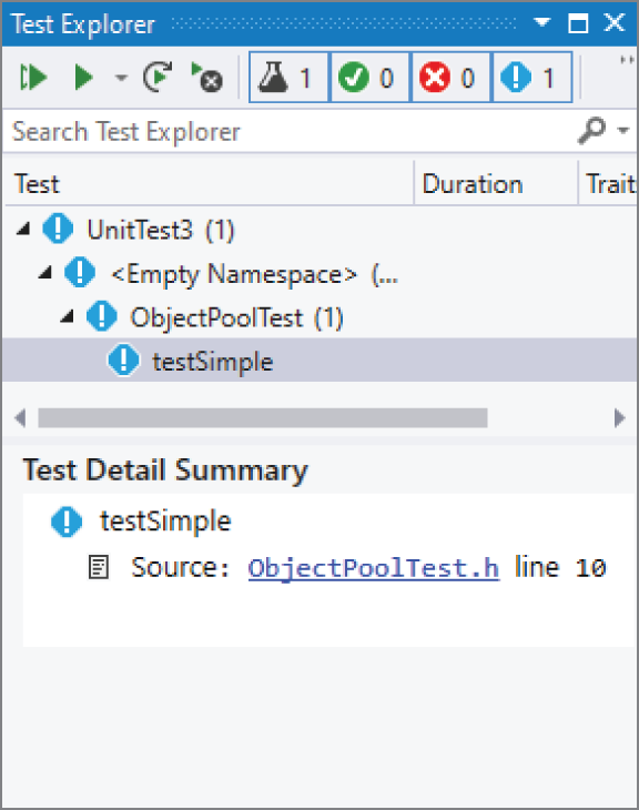 一张截图展示某个开发环境中的 Test Explorer。顶部有 Search Test Explorer 搜索栏；主区域显示各类测试结果，包括 unitTests3、Empty Namespace、ObjectPoolTest 和 testSimple。
