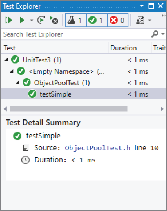 一张截图展示某个开发环境中的 Test Explorer，其中有三个 unit test。每个测试的执行时间都不到 1 毫秒。