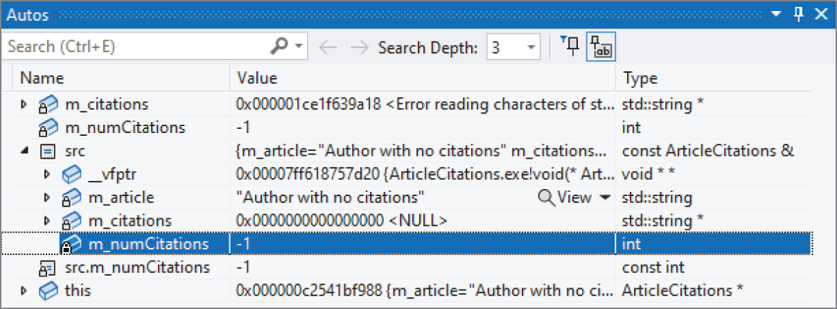 一张截图展示 debugger 中的 Autos 窗口，里面列出了若干变量及其当前值，窗口顶部带有搜索框。